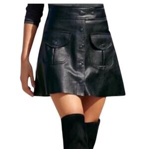 Boston Proper Black Faux Leather Button-Front Mini Skirt